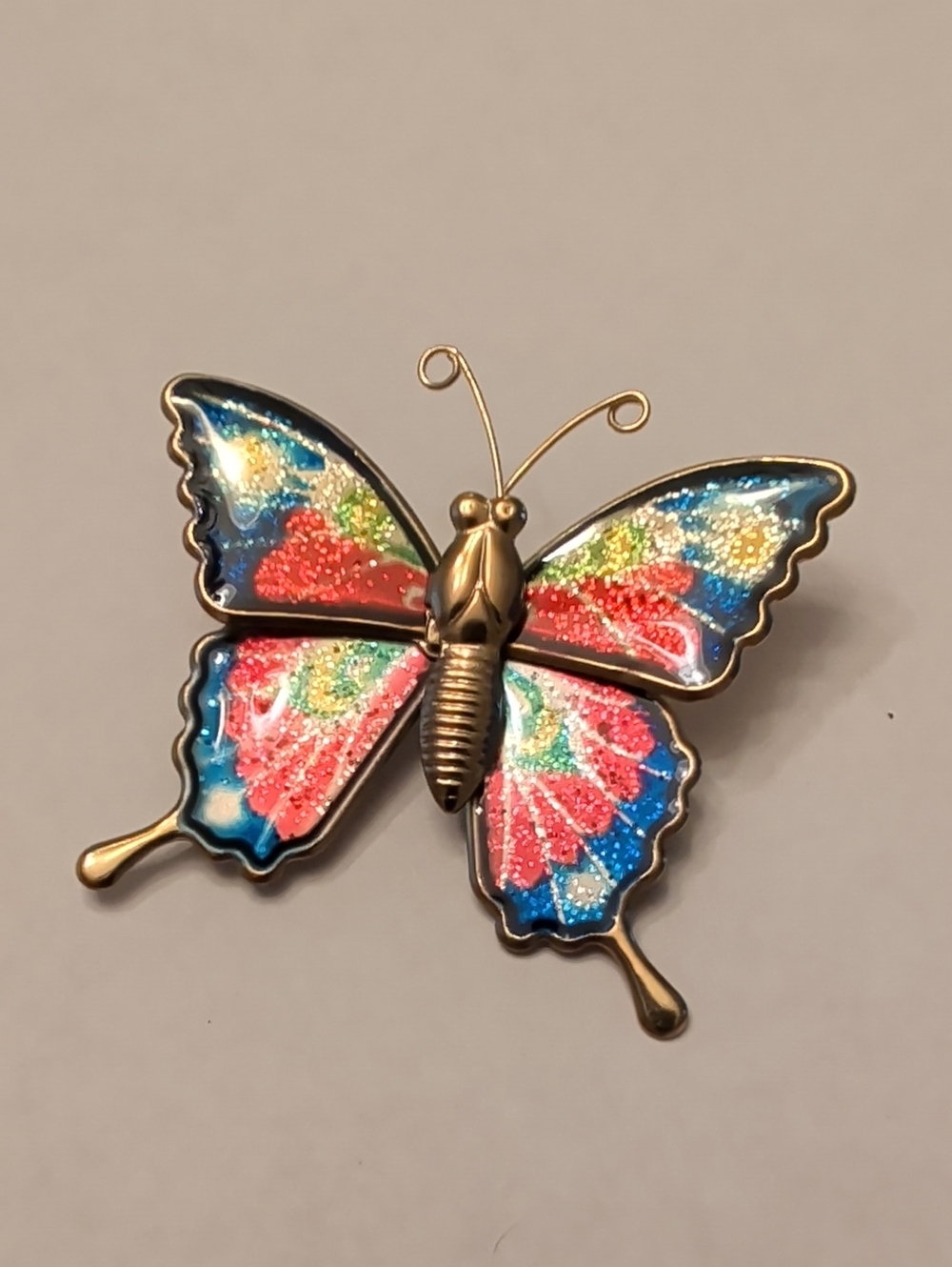 Vintage Multicolor Enamel Butterfly Brooch with Gold Accents
